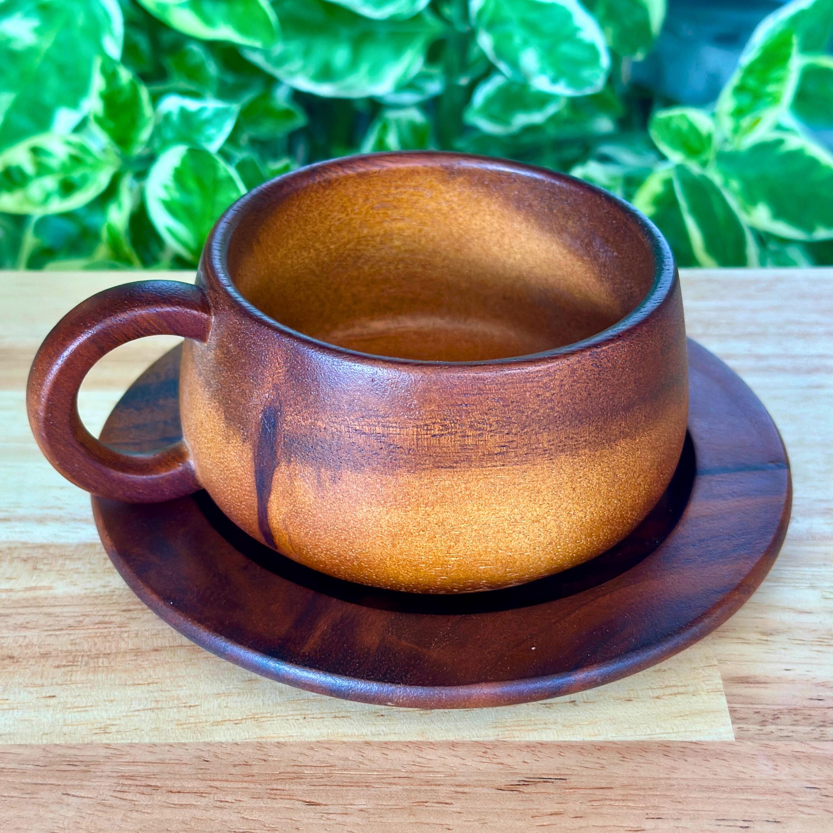 Hand Carved Wood Coffee Cup & Saucer: Rounded Minimalist Teaware Set
