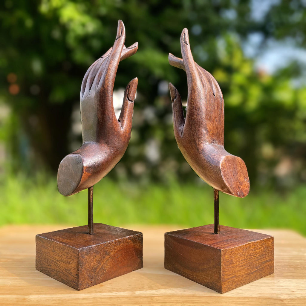 Hand Carved Wood Mudra Sculpture Set of 2: Abhaya Inspired Thai Decor