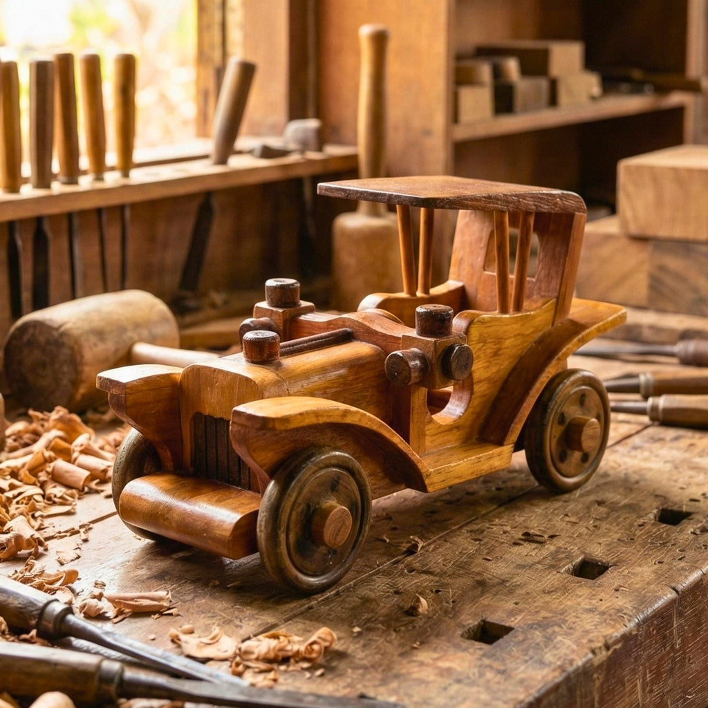 Hand Carved Wood Model-T Car: Antique Vintage Automobile Desk Decor