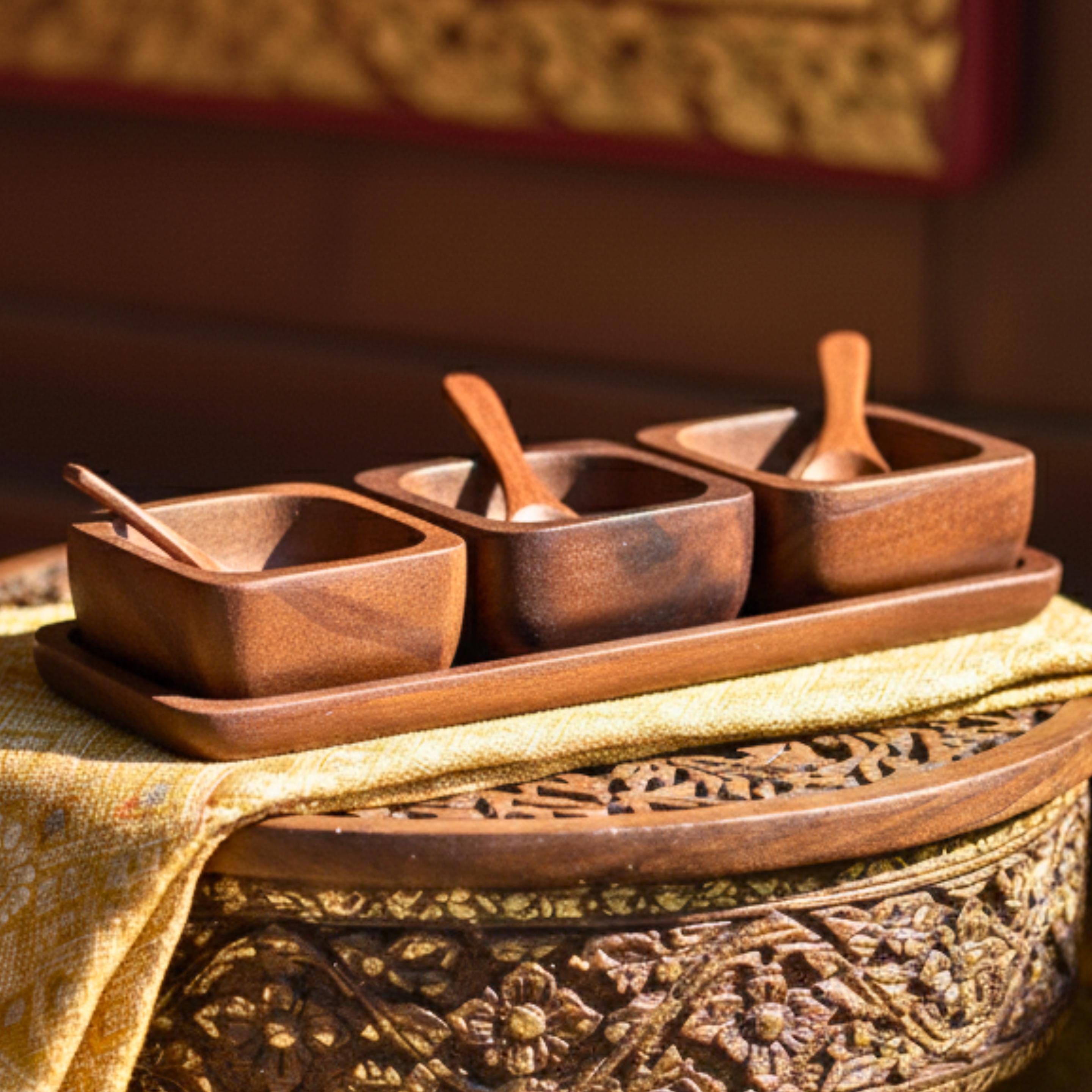 Hand Carved Wood Condiment Set of 3: Thai Tableware Serving Dishes