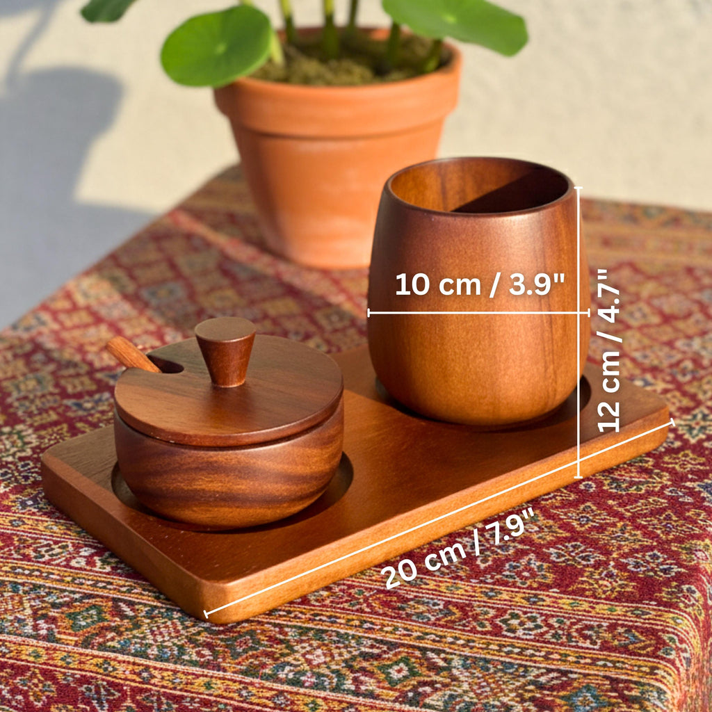 Hand Carved Wood Sugar Bowl & Tumbler Set: Coffee Bar Serving Tray