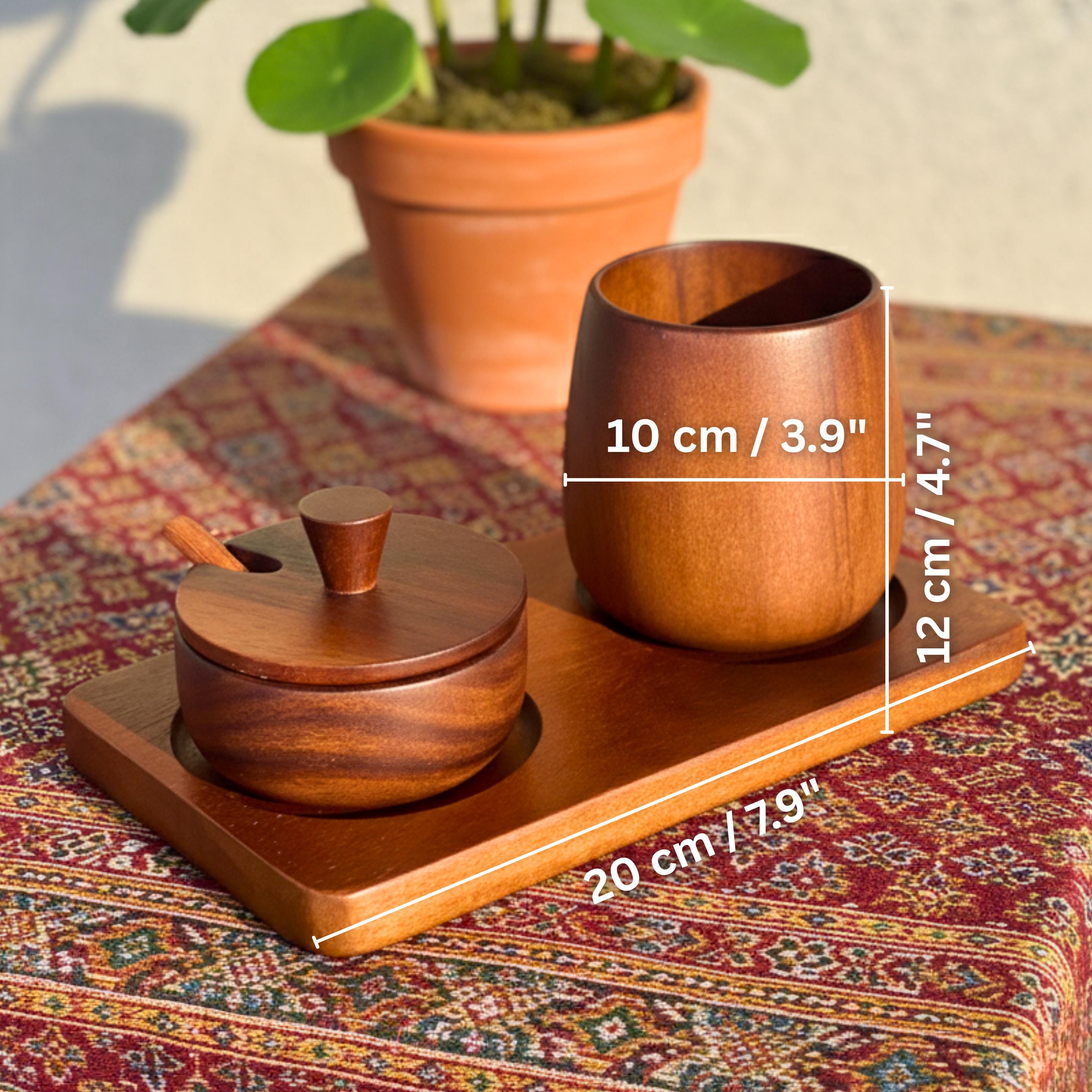 Hand Carved Wood Sugar Bowl & Tumbler Set: Coffee Bar Serving Tray