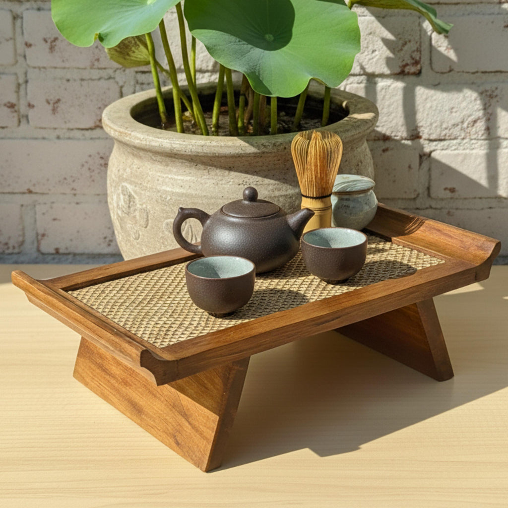Handcrafted Hardwood Serving Tray: Woven Rattan Elevated Riser for Serving & Tea Set Display