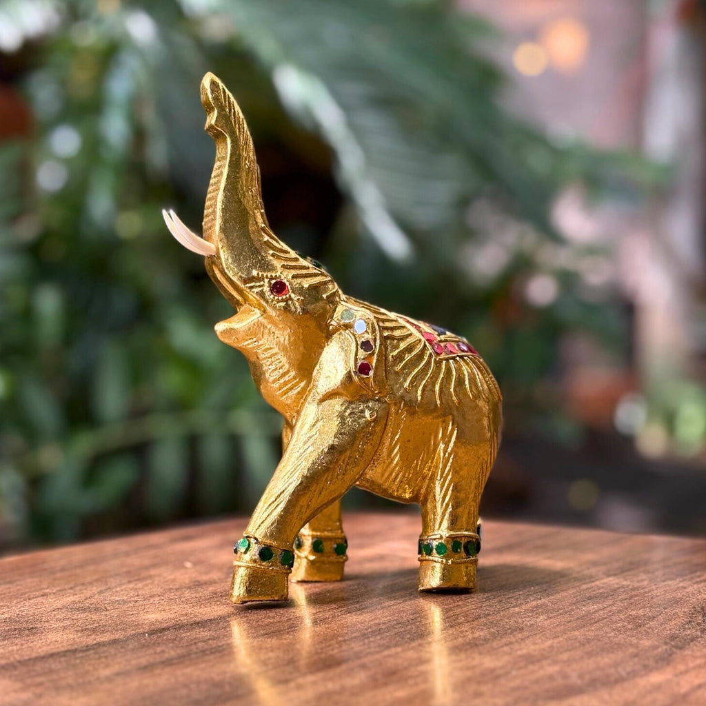 Golden Elephant Figurine, Thai Handcrafted Decor: Jeweled Lucky Elephant Statue, Cultural Home Accent