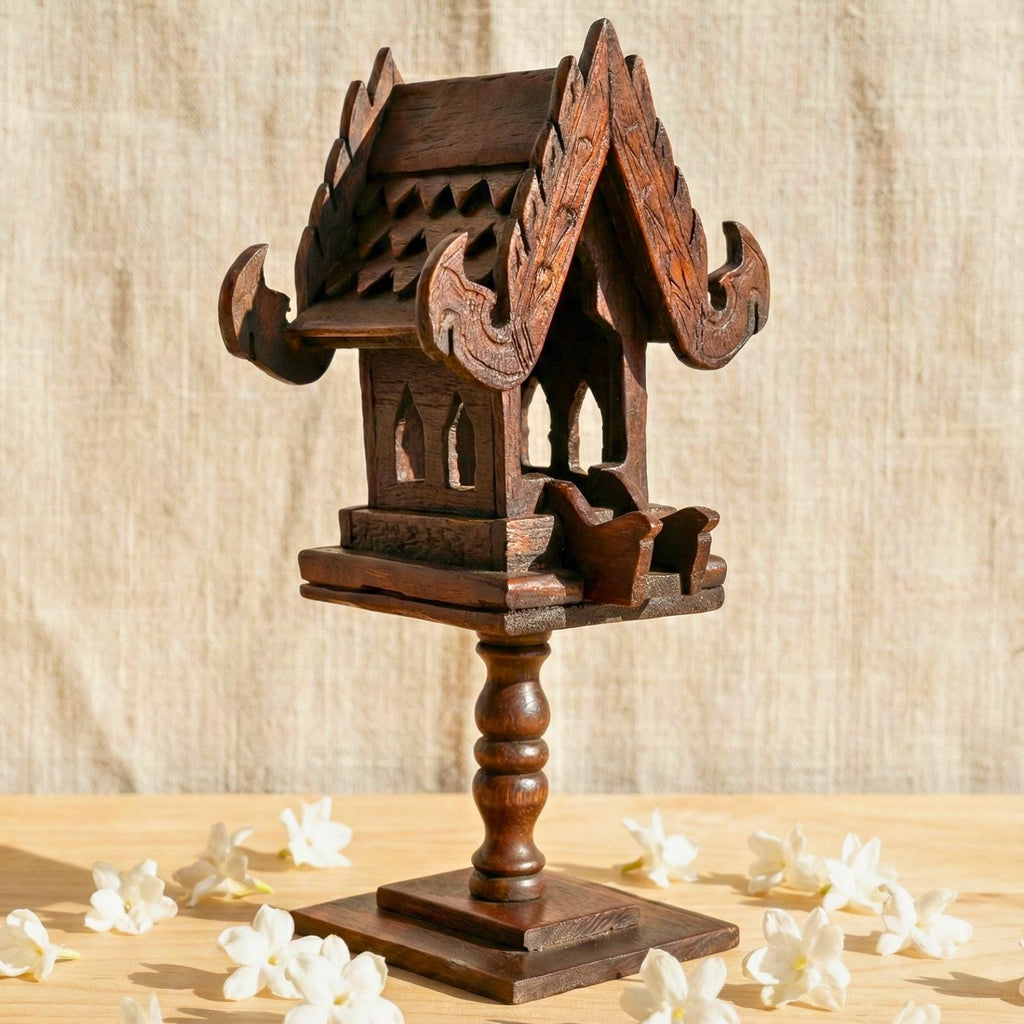 Hand Carved Teak Wood Spirit House Shrine on Pedestal: Thai Altar Decor