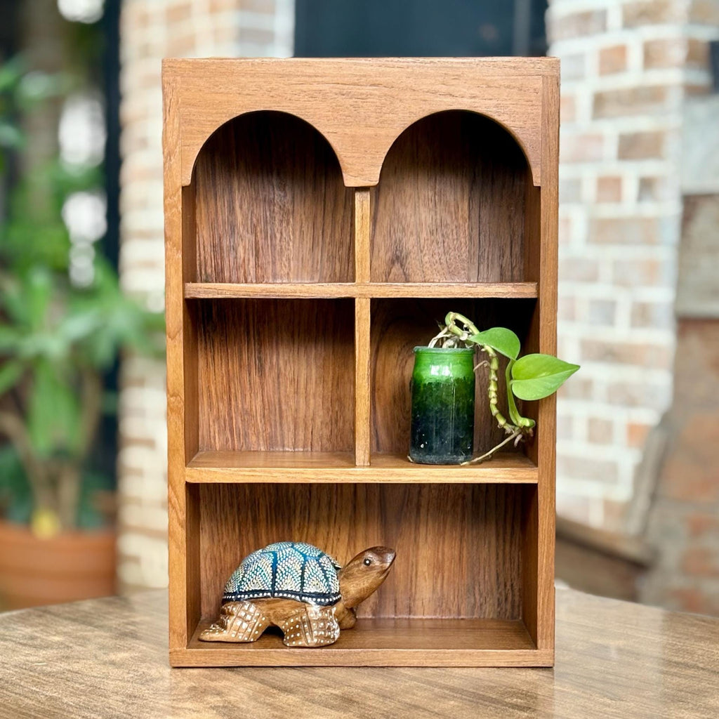 Teak Wood Arched Wall Shelf: Thai Niche Display with Mini Vessels