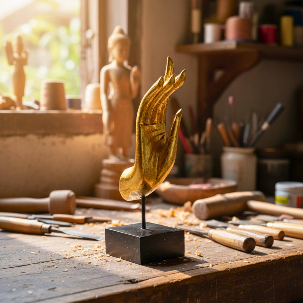 Golden Hand Sculpture: Upcycled Wood Dhyana Mudra | Vintage Zen Decor, Jewelry Holder