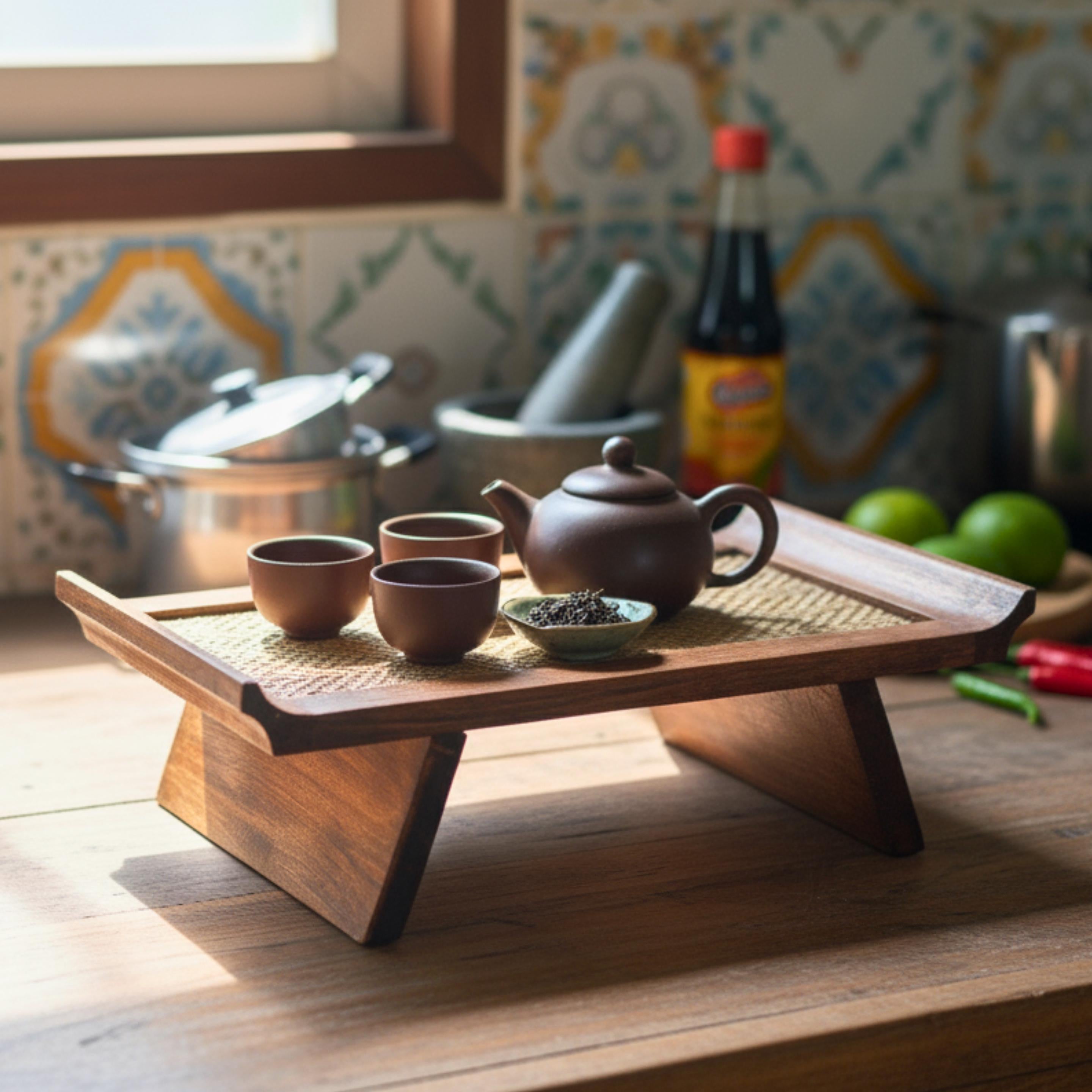 Handcrafted Hardwood Serving Tray: Woven Rattan Elevated Riser for Serving & Tea Set Display