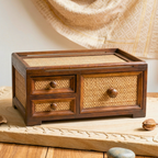 Storage Drawers Teak Wood Rattan 14 Inch Jewelry Organizer Housewarming Gift for Minimalist - Siam Wood Artisans
