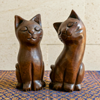 Cat Statue Pair Teak Wood Rustic 5 Inch Stacking Sculpture Set - Siam Wood Artisans