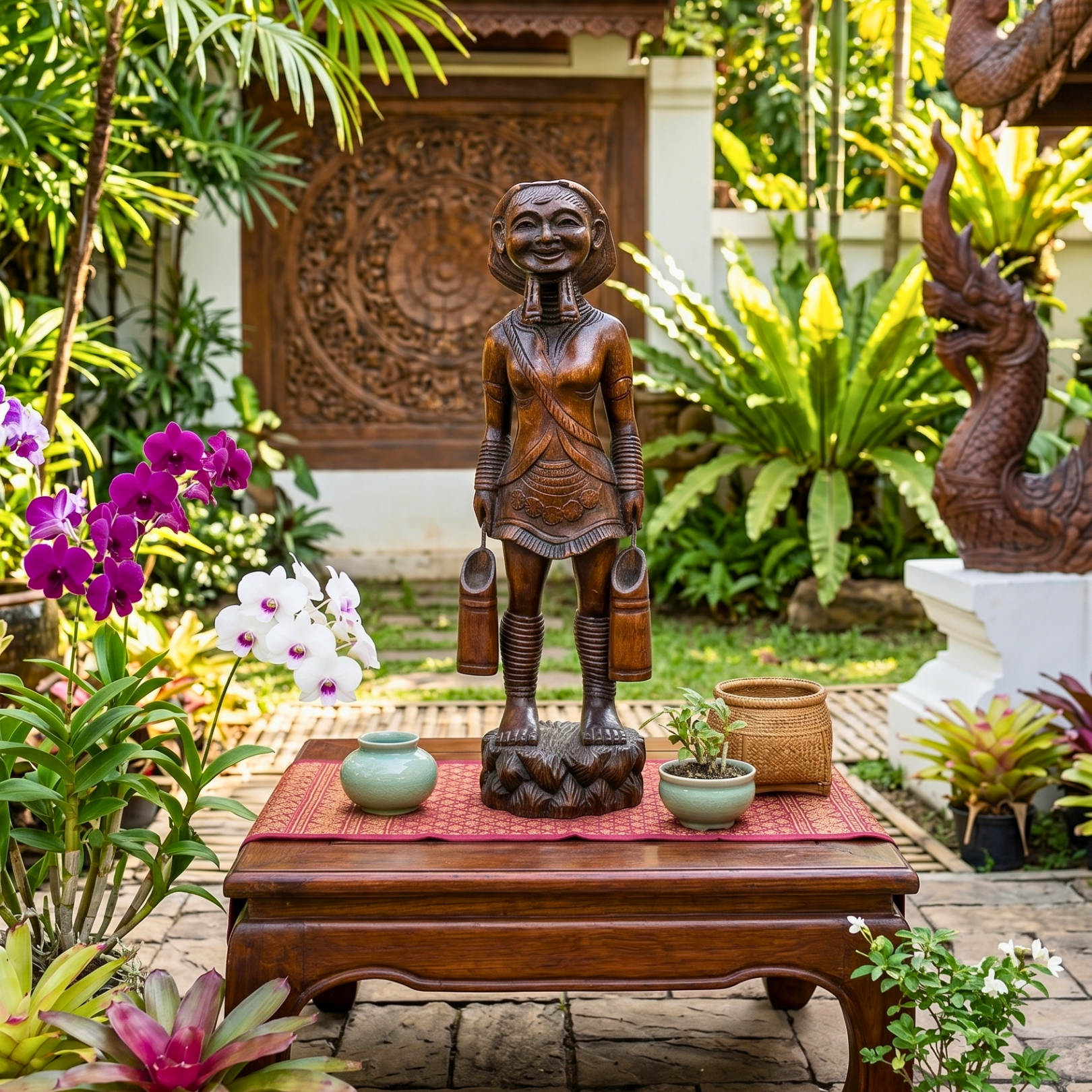 Acacia Wood Karen Tribe Figure, 20 Inch Long Neck Lady Statue, Cultural Present for Art Collector