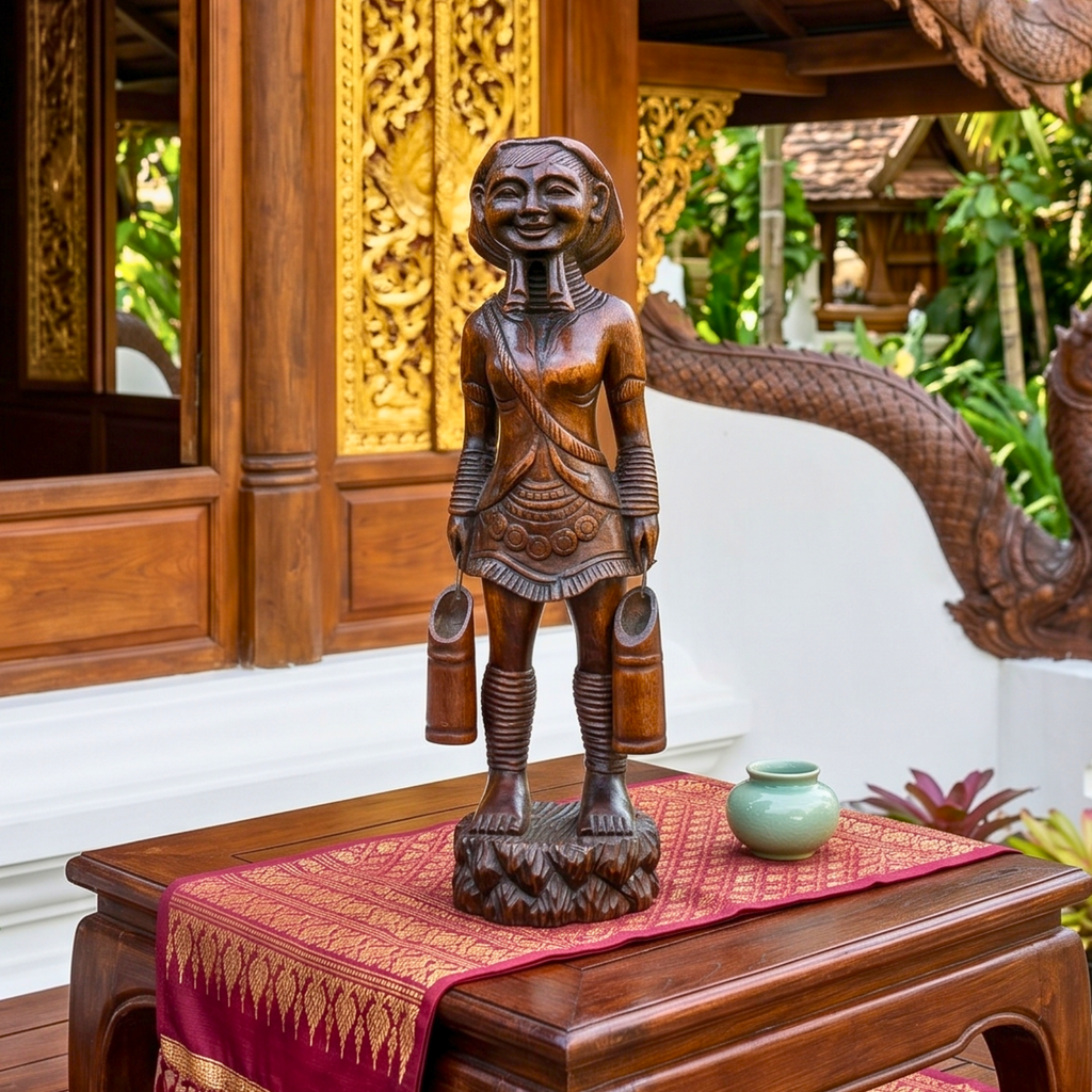 Acacia Wood Karen Tribe Figure, 20 Inch Long Neck Lady Statue, Cultural Present for Art Collector