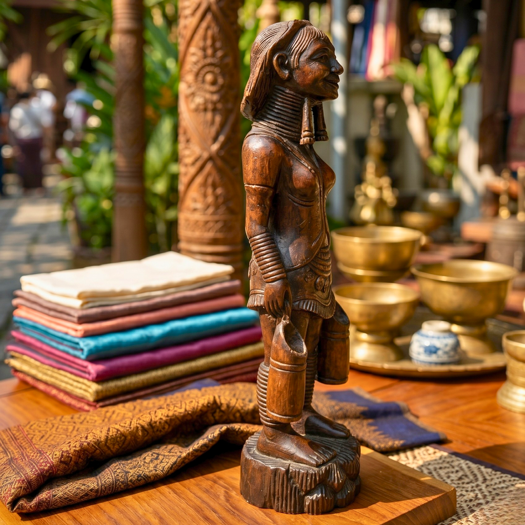 Acacia Wood Karen Tribe Figure, 20 Inch Long Neck Lady Statue, Cultural Present for Art Collector