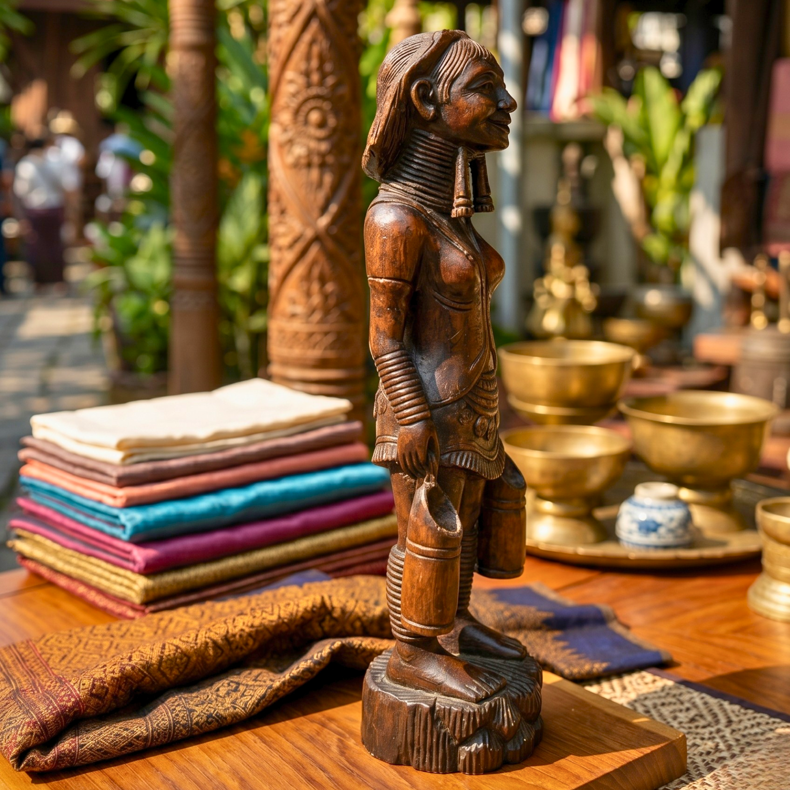 Acacia Wood Karen Tribe Figure, 20 Inch Long Neck Lady Statue, Cultural Present for Art Collector