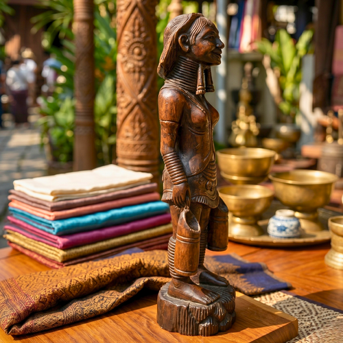 Acacia Wood Karen Tribe Figure, 20 Inch Long Neck Lady Statue, Cultural Present for Art Collector