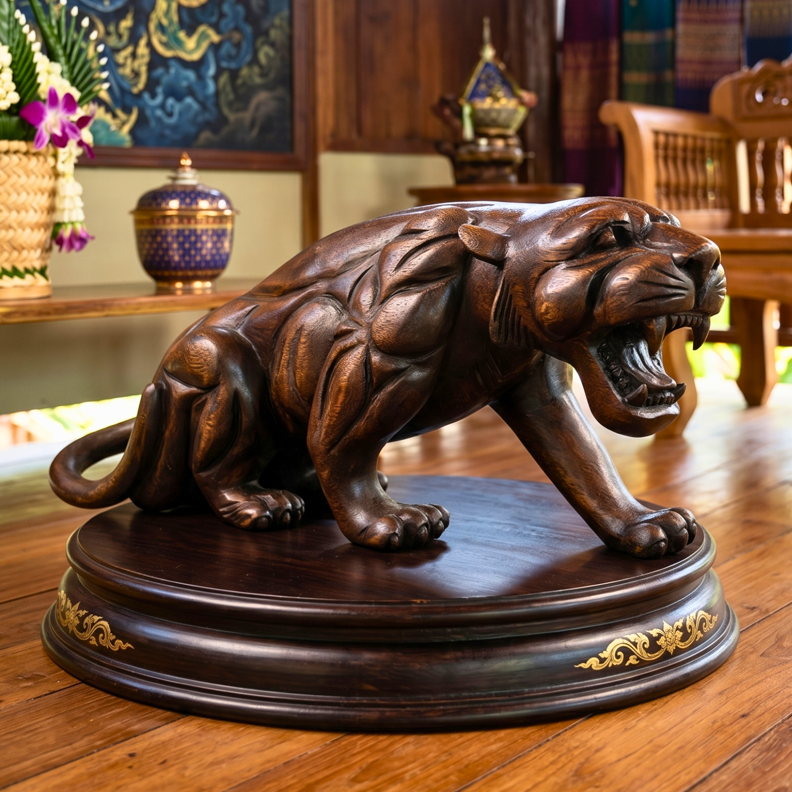 Acacia Wood Panther, 18 Inch Large Wildcat Sculpture, Housewarming Gift for Bold Minimalist