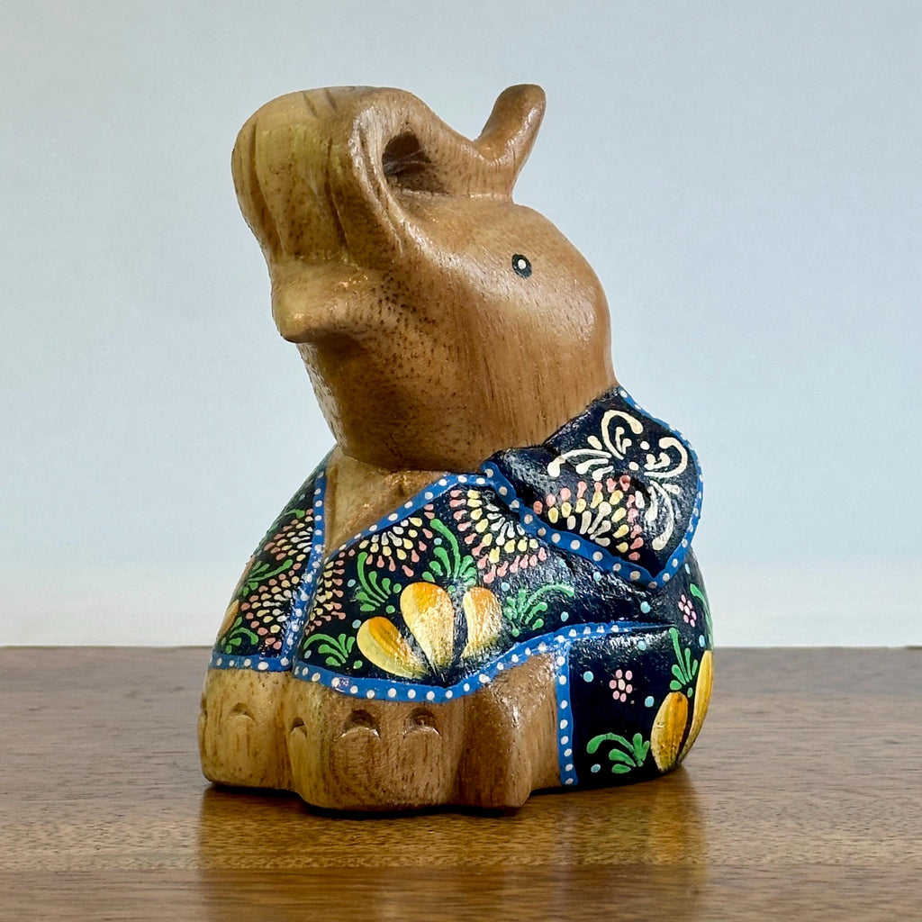 Hand Painted Thai Elephant Figurine: Batik Style Wood Sculpture
