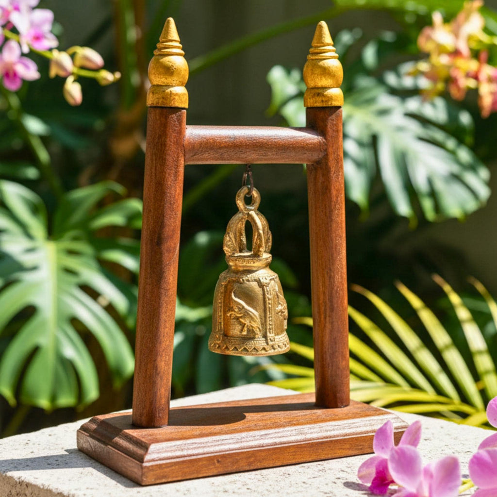 Hand Carved Teak Wood Single Bell Frame: Traditional & Serene Thai Altar Decor