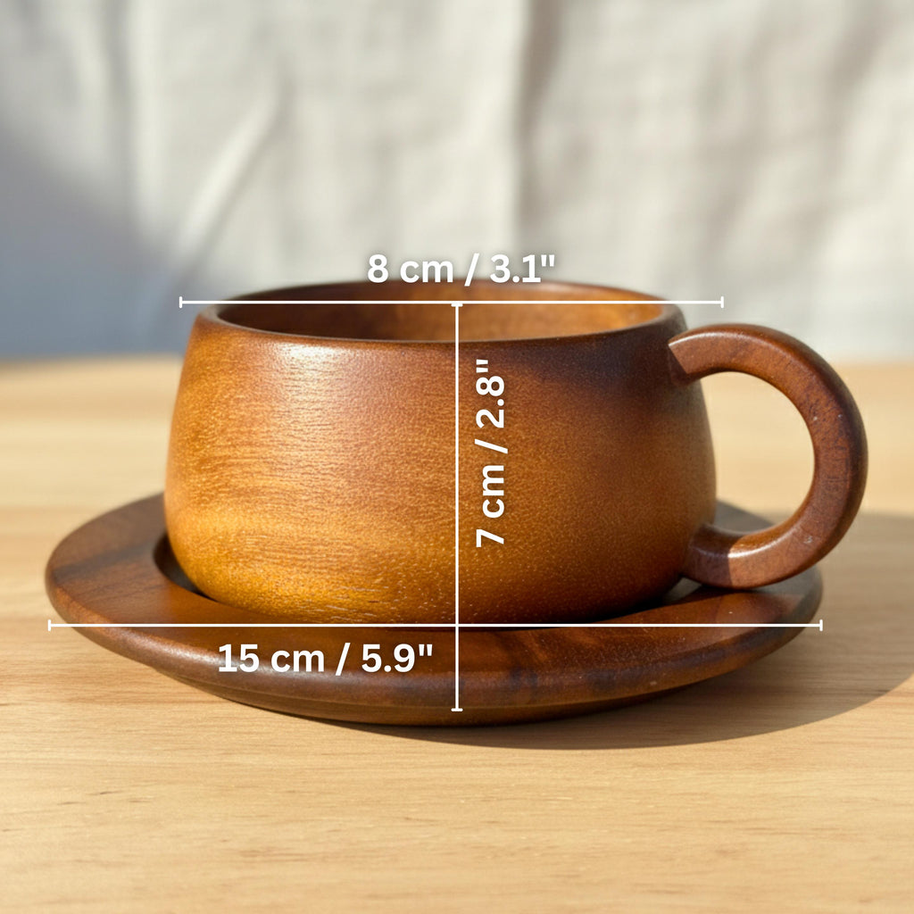 Hand Carved Wood Coffee Cup & Saucer: Rounded Minimalist Teaware Set