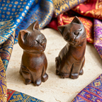 Cat Statue Pair Teak Wood Rustic 5 Inch Stacking Sculpture Set - Siam Wood Artisans