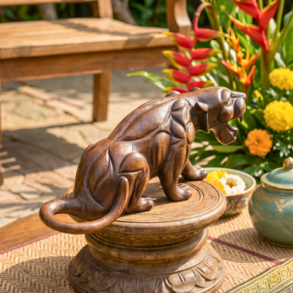 Acacia Wood Panther, 18 Inch Large Wildcat Sculpture, Housewarming Gift for Bold Minimalist