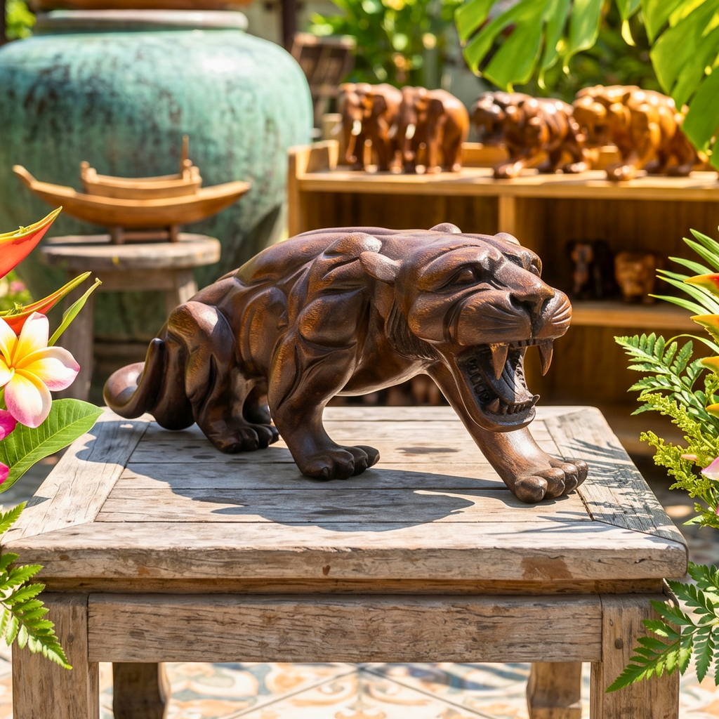 Acacia Wood Panther, 18 Inch Large Wildcat Sculpture, Housewarming Gift for Bold Minimalist