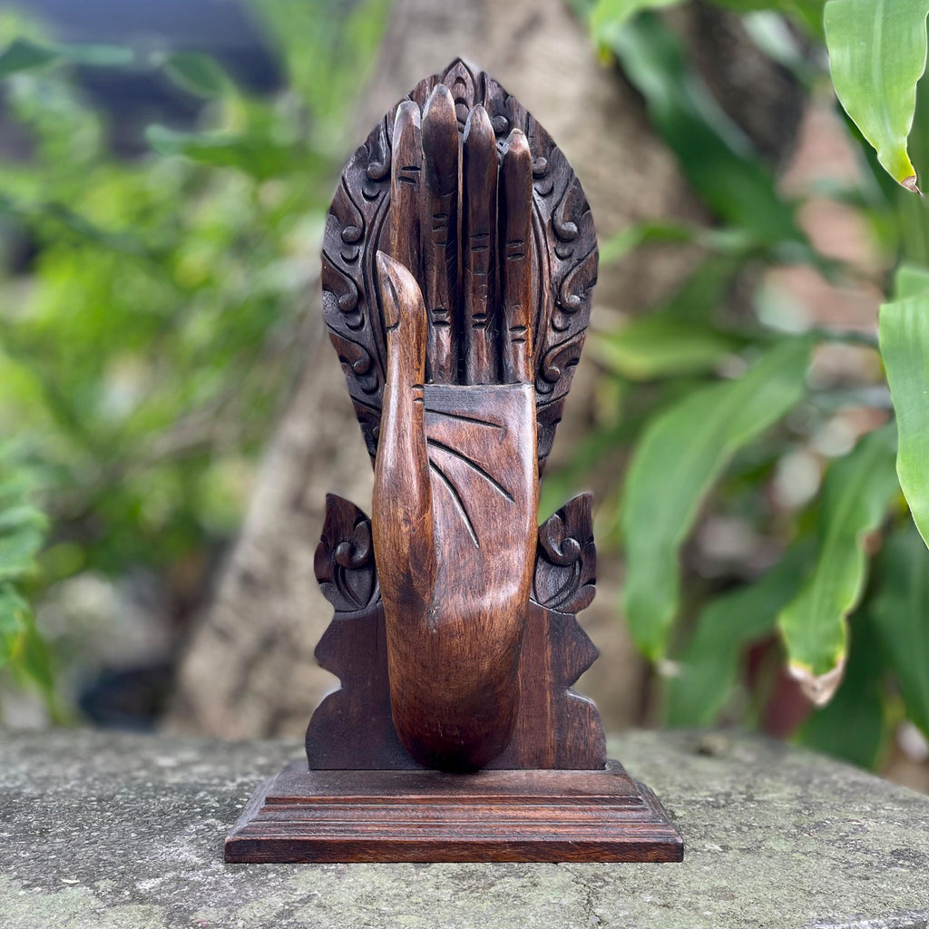 Hand Carved Wooden Hand Sculpture: Thai Zen Abhaya Mudra Art