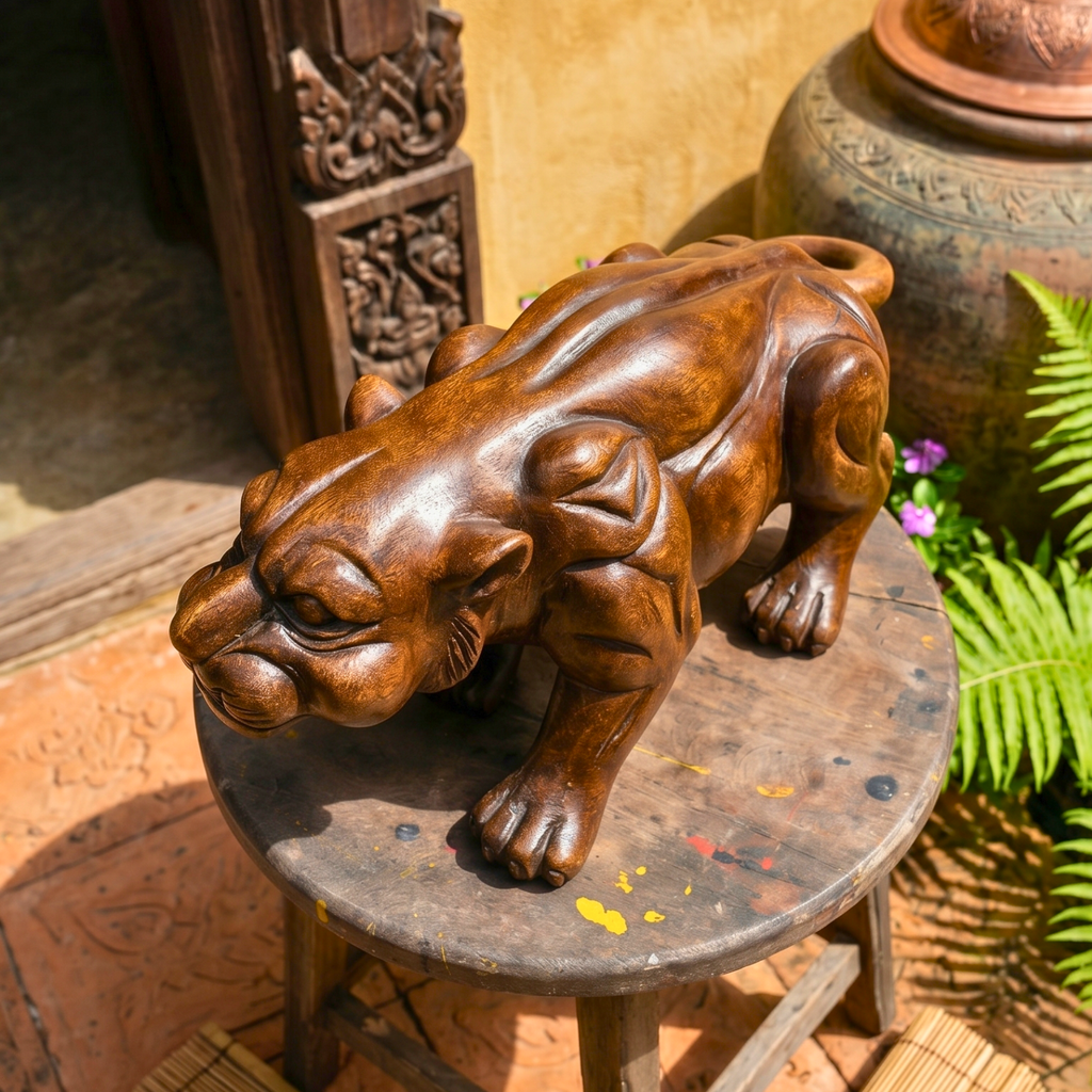 Acacia Wood Panther, 18 Inch Large Wildcat Sculpture, Housewarming Gift for Bold Minimalist