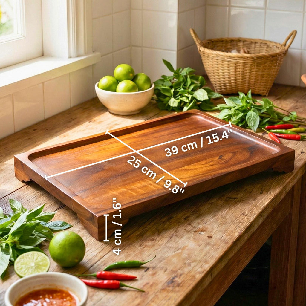 Large Hand Carved Teak Wood Serving Tray: Tea & Coffee Table Platter
