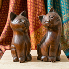Cat Statue Pair Teak Wood Rustic 5 Inch Stacking Sculpture Set - Siam Wood Artisans