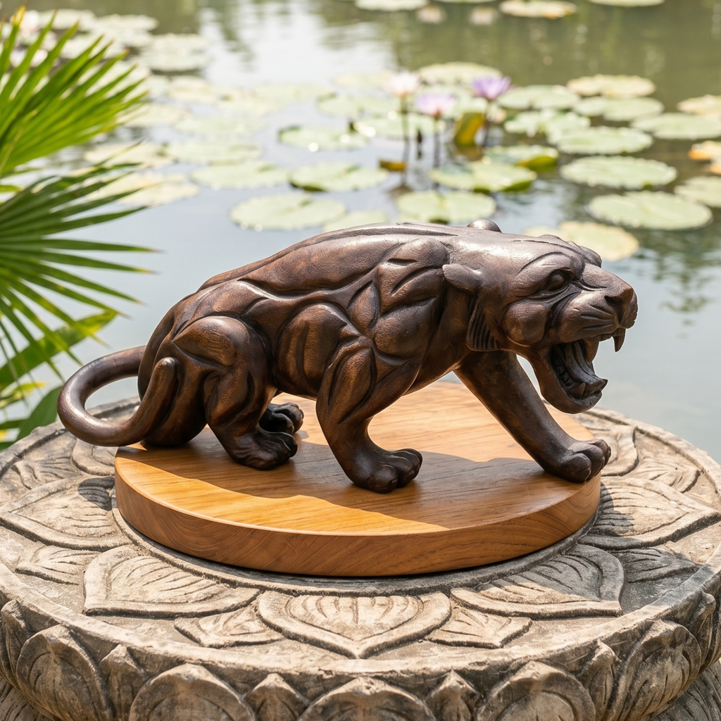 Acacia Wood Panther, 18 Inch Large Wildcat Sculpture, Housewarming Gift for Bold Minimalist