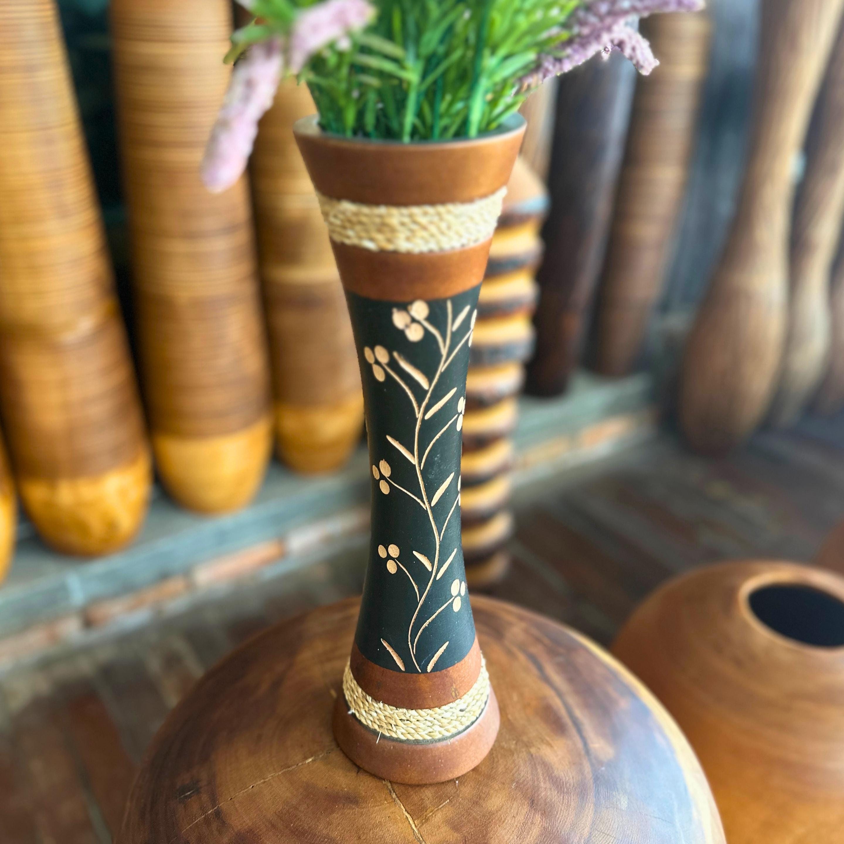 Hand Carved Wooden Floor Vase: Tall Thai Rustic Boho Entryway Accent Decor