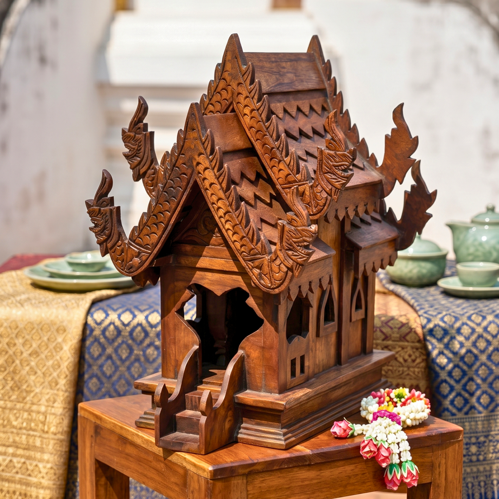 Teak Wood Spirit House, 16 Inch Ornate Shrine, Spiritual Present for Meditation Lover
