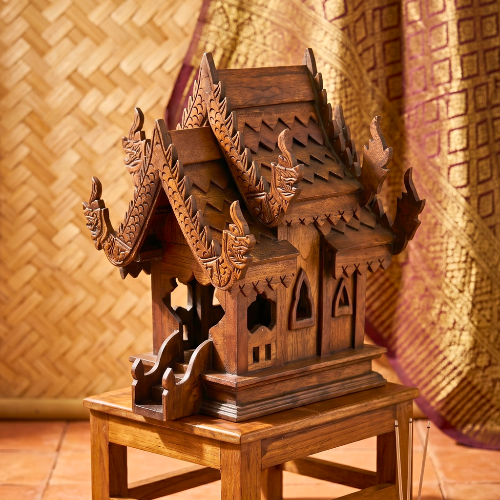 Teak Wood Spirit House, 16 Inch Ornate Shrine, Spiritual Present for Meditation Lover