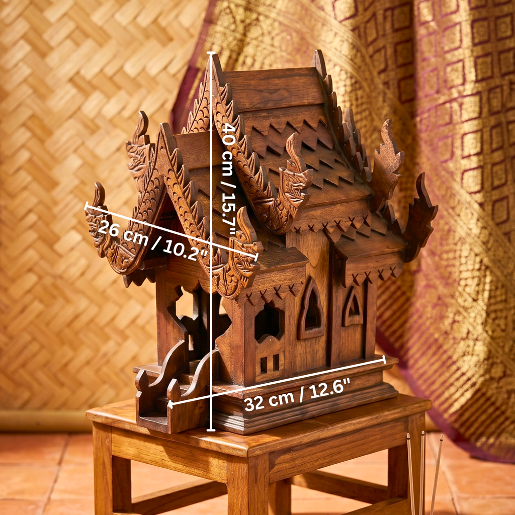 Teak Wood Spirit House, 16 Inch Ornate Shrine, Spiritual Present for Meditation Lover