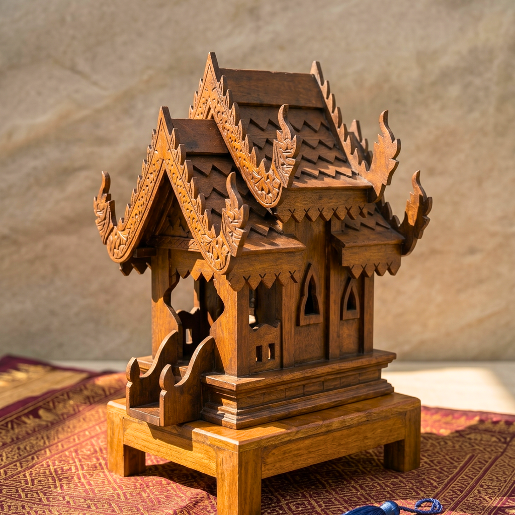 Teak Wood Spirit House, 16 Inch Ornate Shrine, Spiritual Present for Meditation Lover