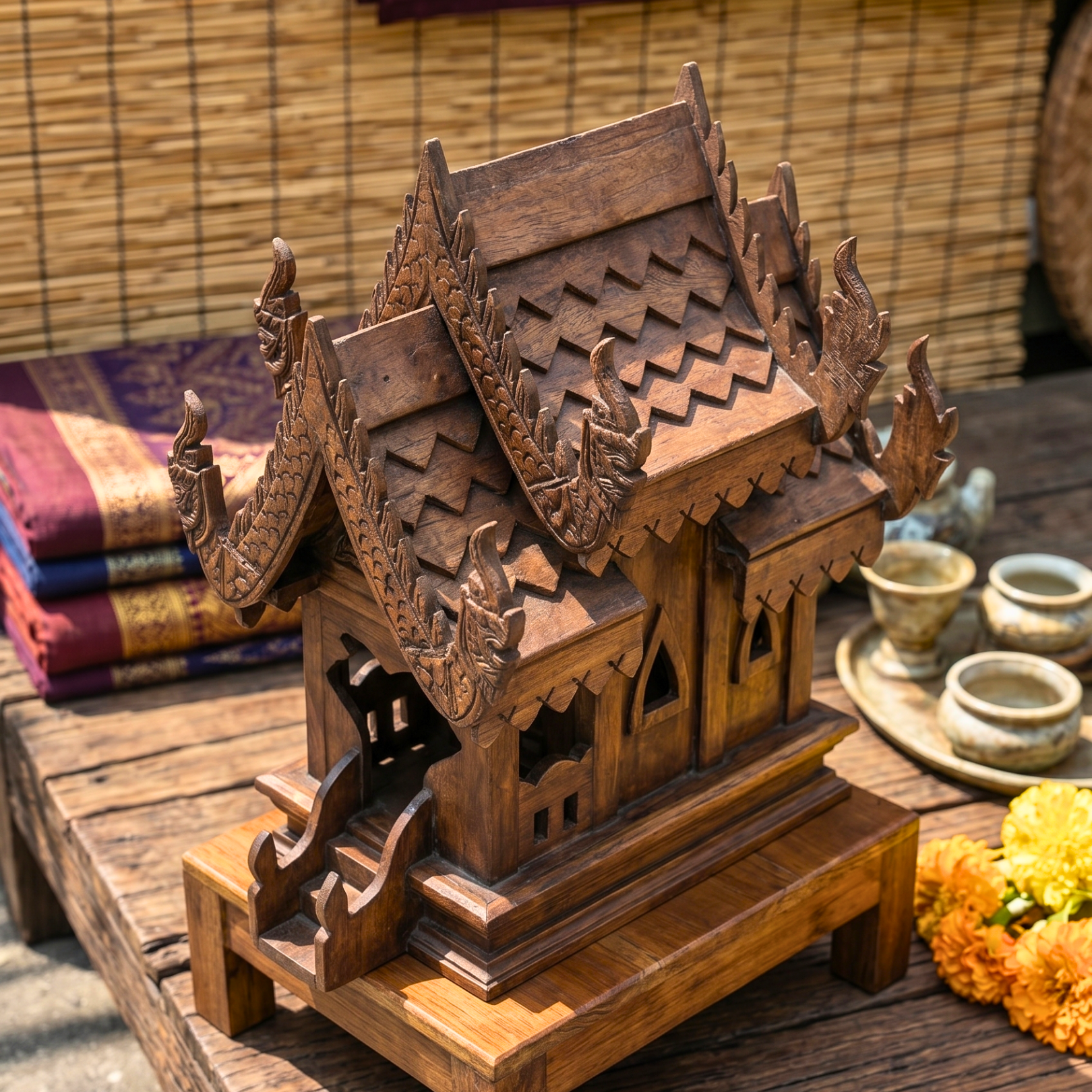 Teak Wood Spirit House, 16 Inch Ornate Shrine, Spiritual Present for Meditation Lover