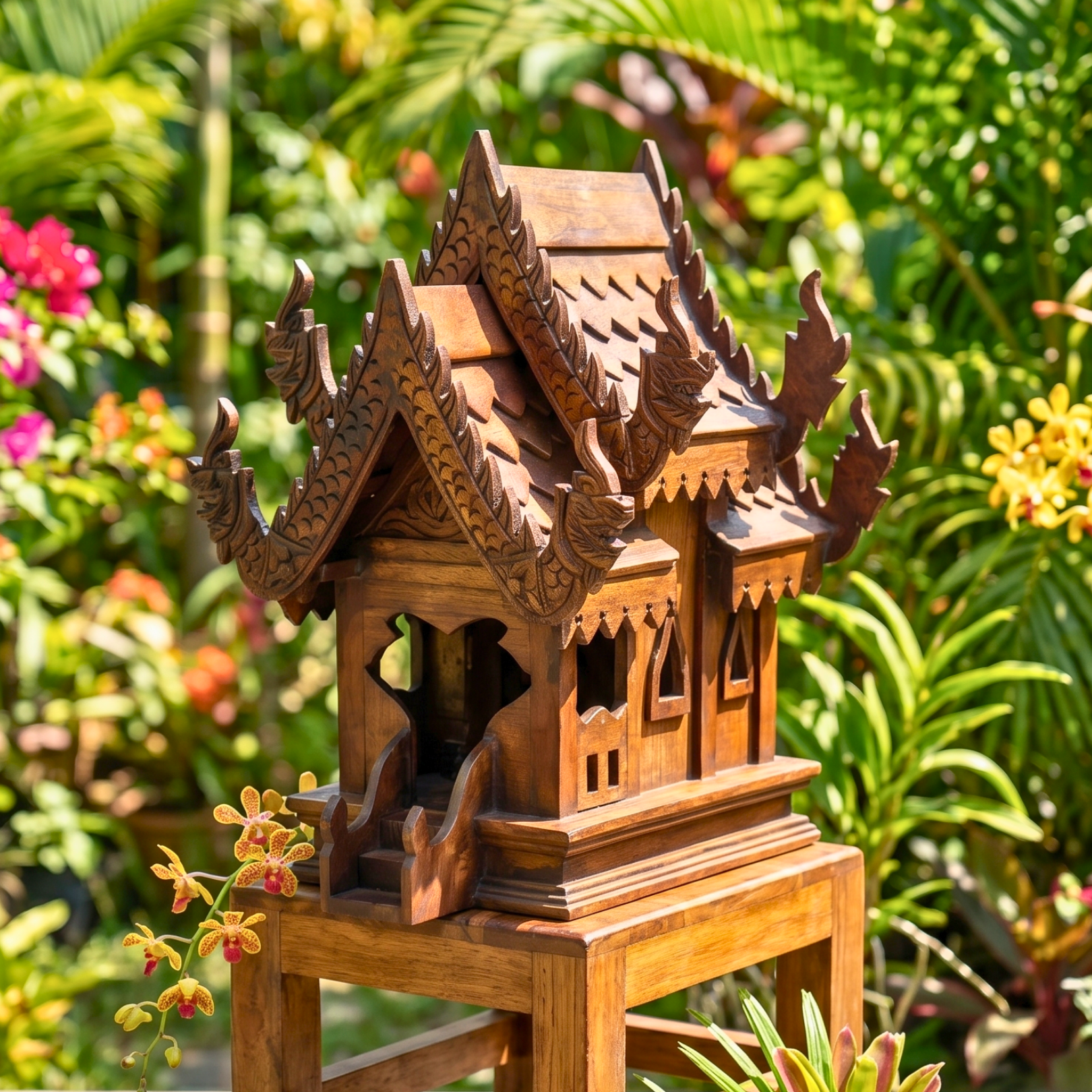 Teak Wood Spirit House, 16 Inch Ornate Shrine, Spiritual Present for Meditation Lover
