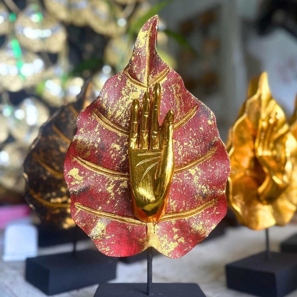 Golden Mudra Hand Sculpture: Thai Meditation Decor in Lotus Leaf