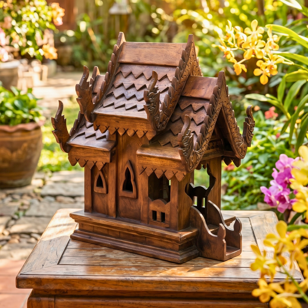 Teak Wood Spirit House, 16 Inch Ornate Shrine, Spiritual Present for Meditation Lover