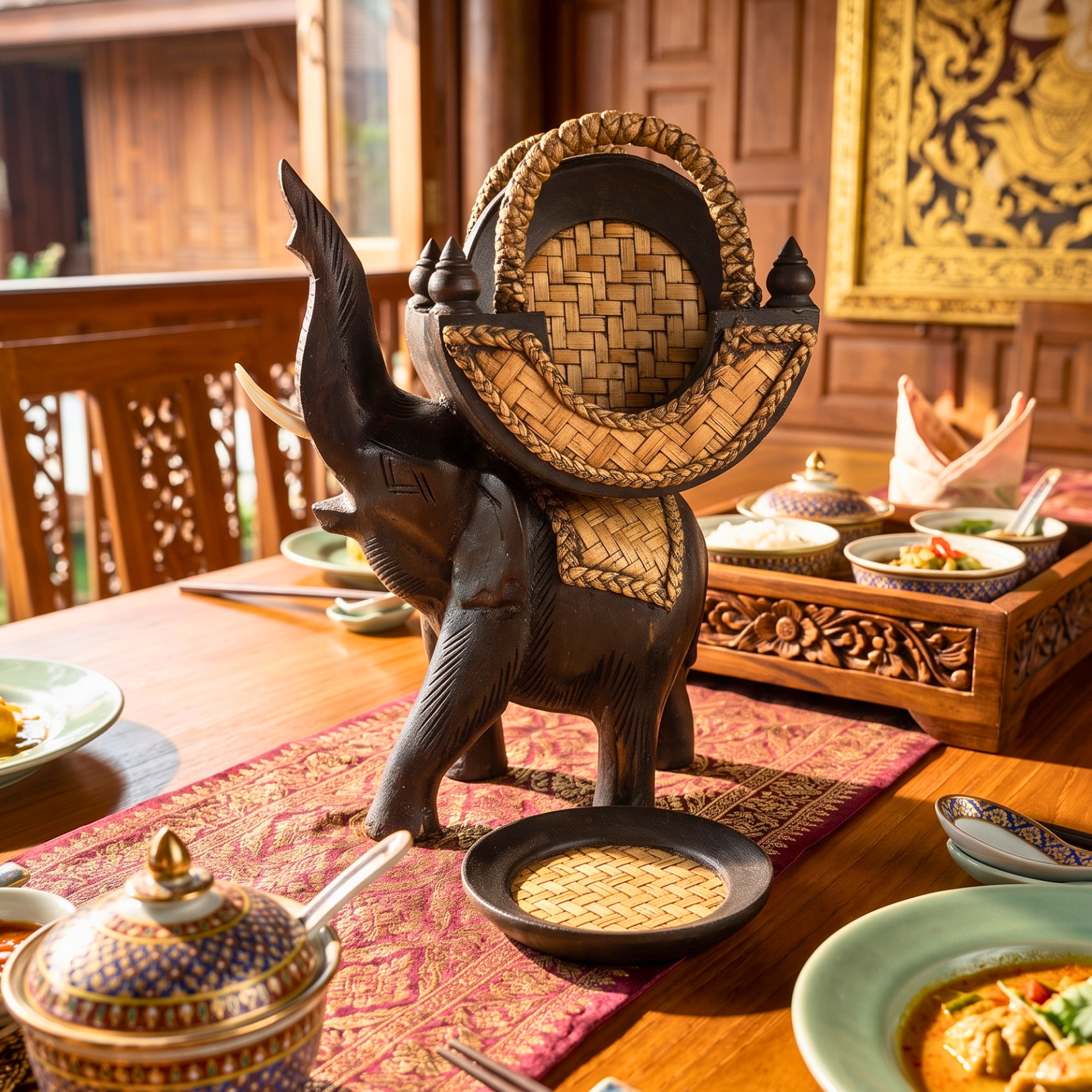 Teak Wood Elephant Coaster Set, 10 Inch Carved Animal Holder, Housewarming Gift for Host