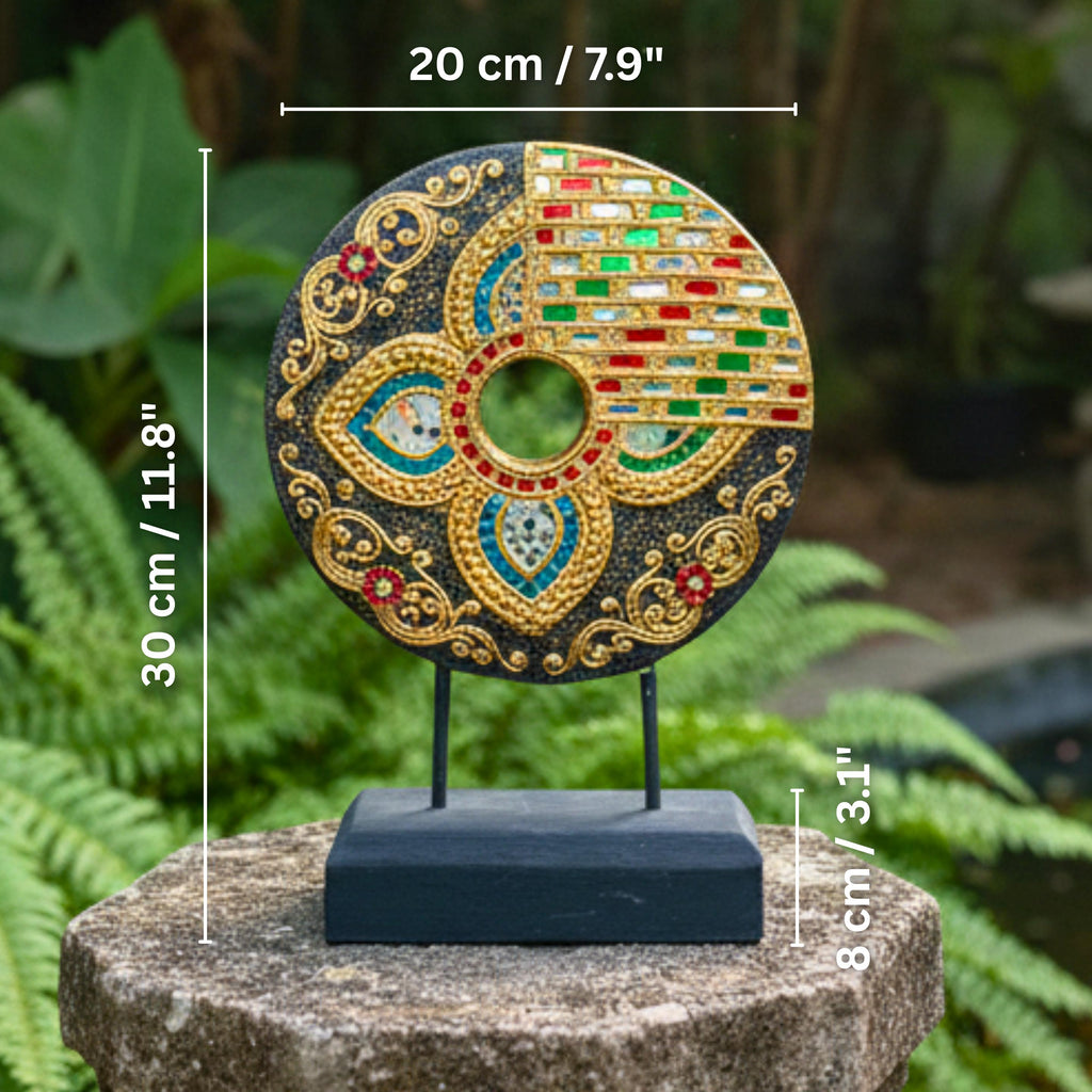 Handcrafted Mandala Disc on Stand (Floral): Thai Wood Sculpture Zen Decor