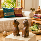 Cat Statue Pair Teak Wood Rustic 5 Inch Stacking Sculpture Set - Siam Wood Artisans