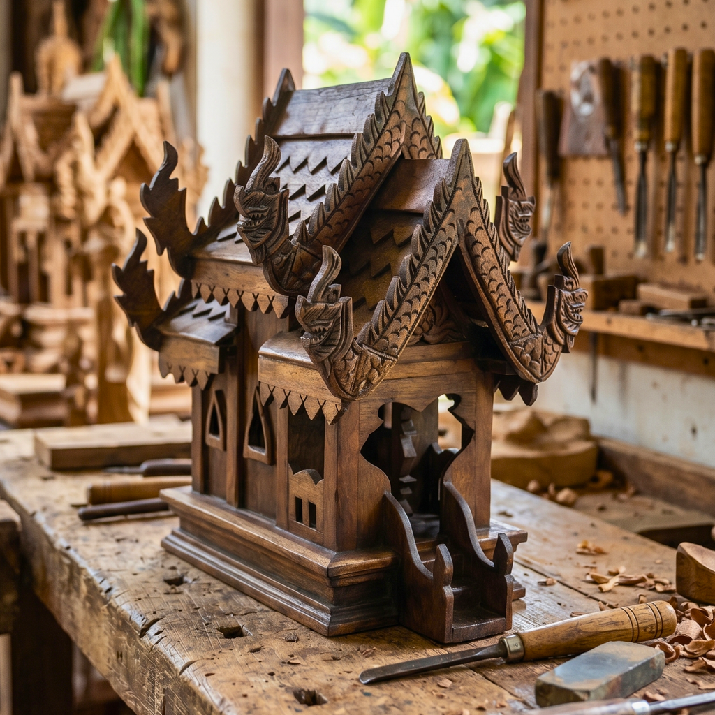 Teak Wood Spirit House, 16 Inch Ornate Shrine, Spiritual Present for Meditation Lover
