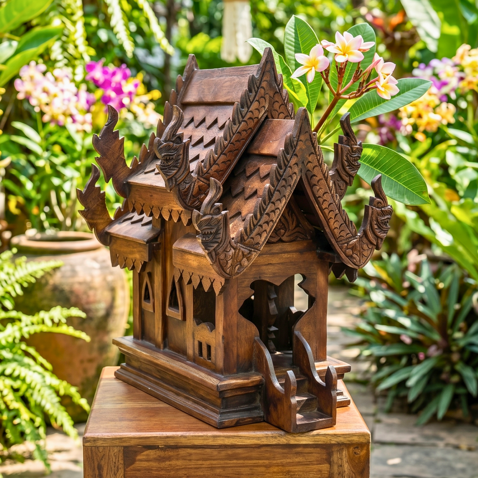 Teak Wood Spirit House, 16 Inch Ornate Shrine, Spiritual Present for Meditation Lover