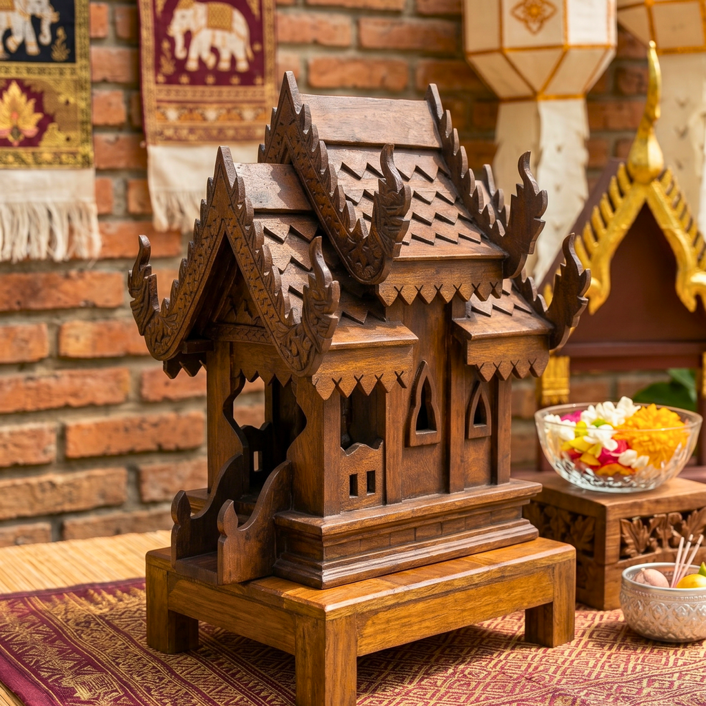 Teak Wood Spirit House, 16 Inch Ornate Shrine, Spiritual Present for Meditation Lover