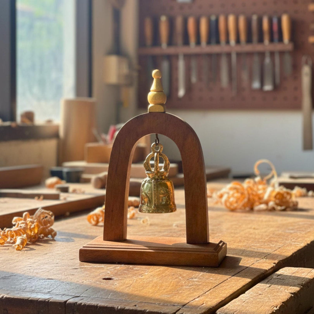 Handcrafted Wood Arch Bell Stand: Golden Temple Bell Meditation Decor