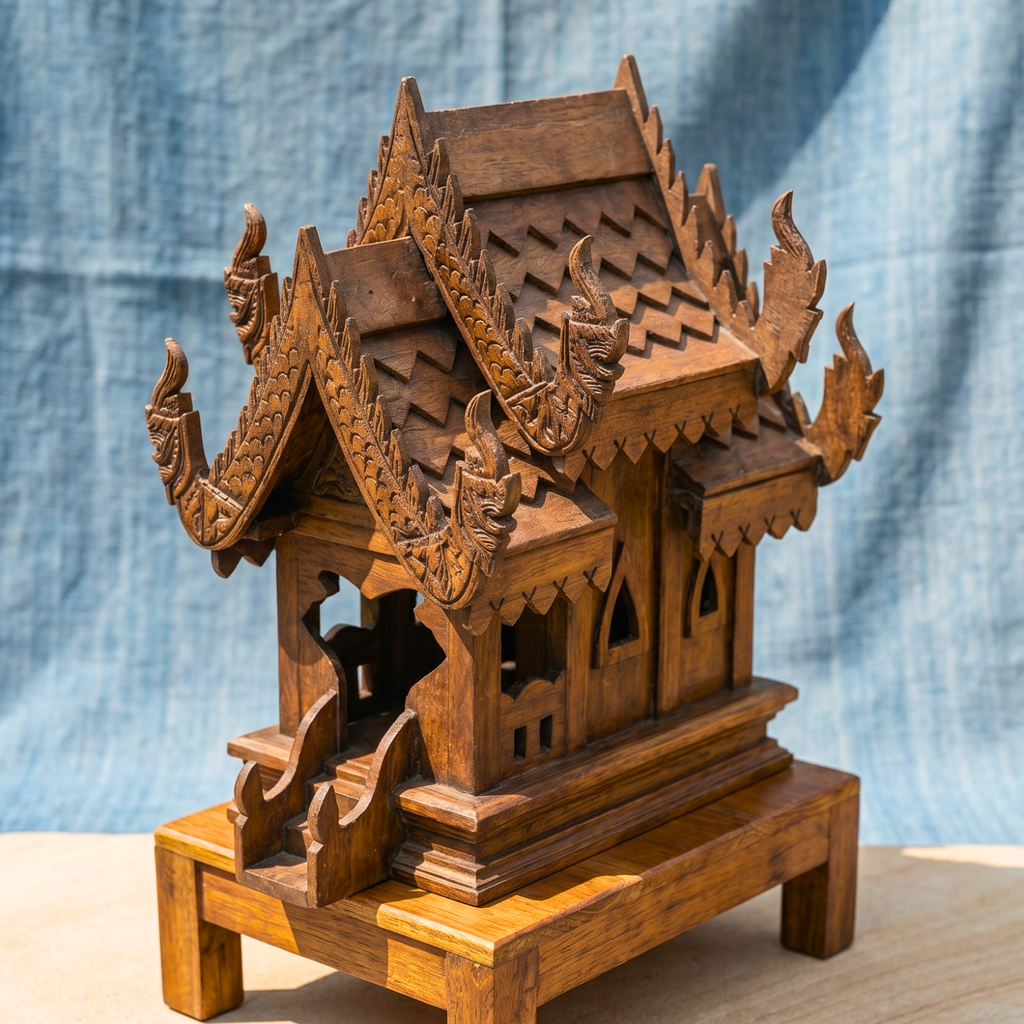 Teak Wood Spirit House, 16 Inch Ornate Shrine, Spiritual Present for Meditation Lover