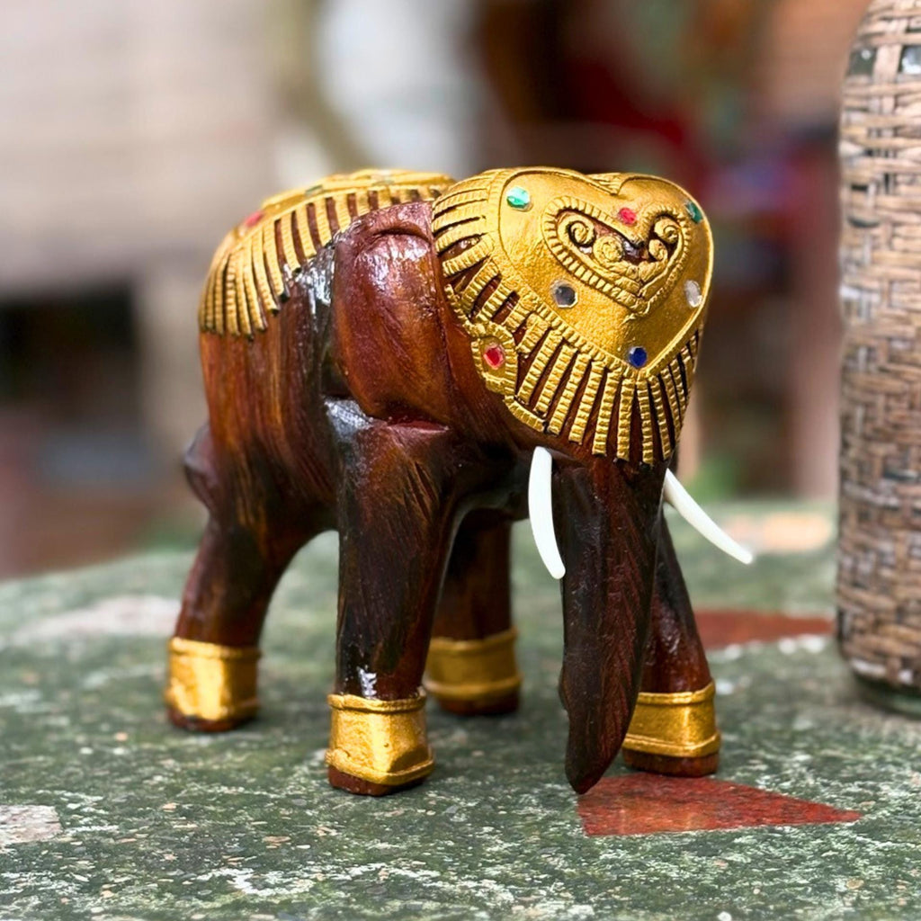 Wooden Elephant Sculpture, Handcarved Thai Decor: Golden Elephant Figurine, Cultural Folk Art Accent