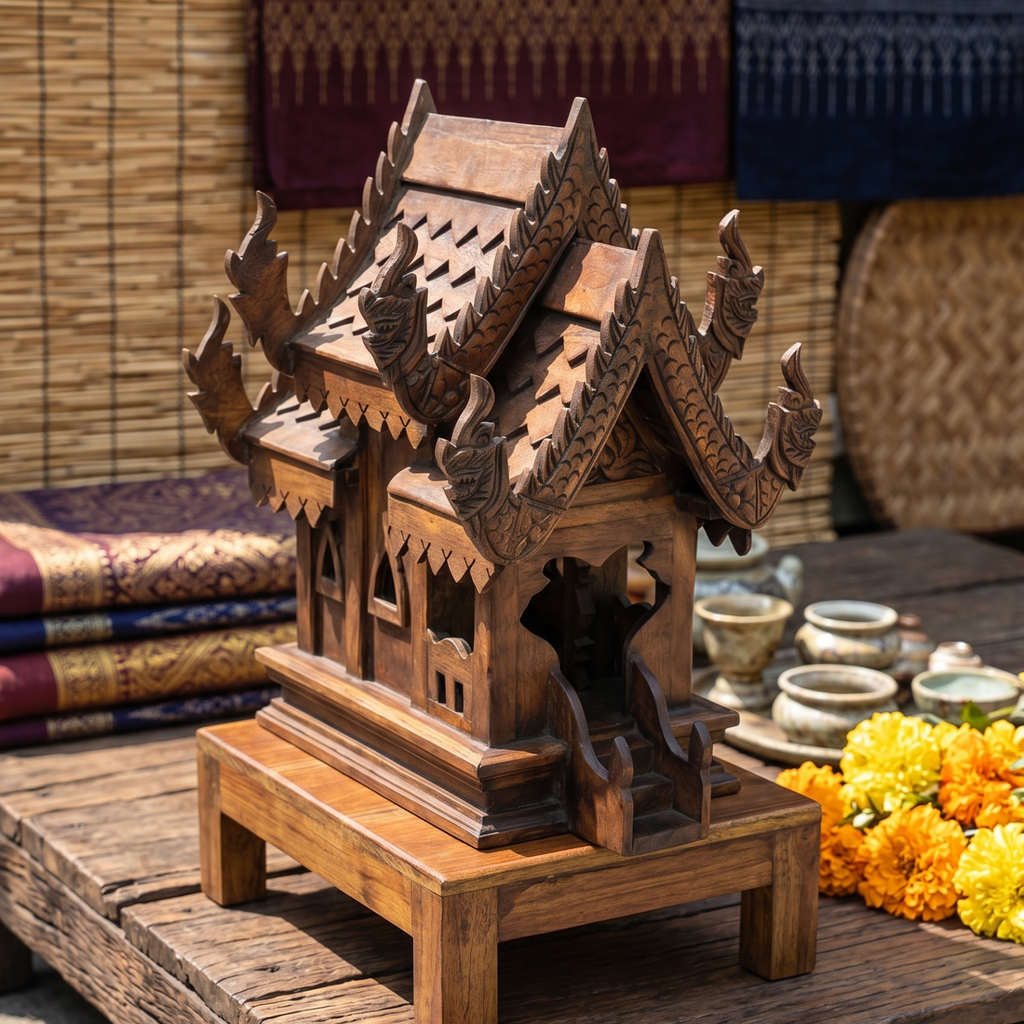 Teak Wood Spirit House, 16 Inch Ornate Shrine, Spiritual Present for Meditation Lover